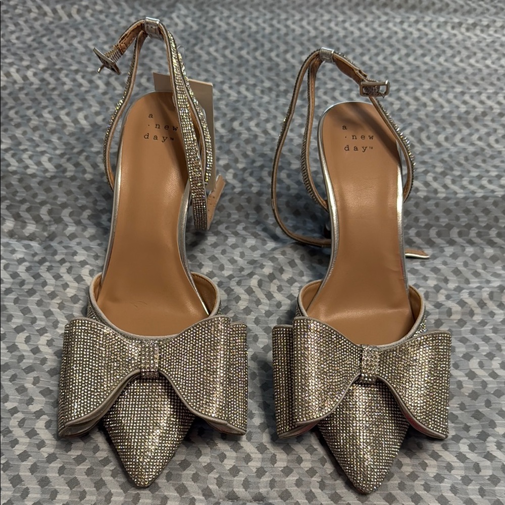 A New Day Silver Rhinestone Heels in Mid- Height Stiletto w/ Ankle Strap